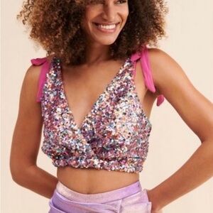 Free People Big Night Sequin Crop Top with Pink Straps Small